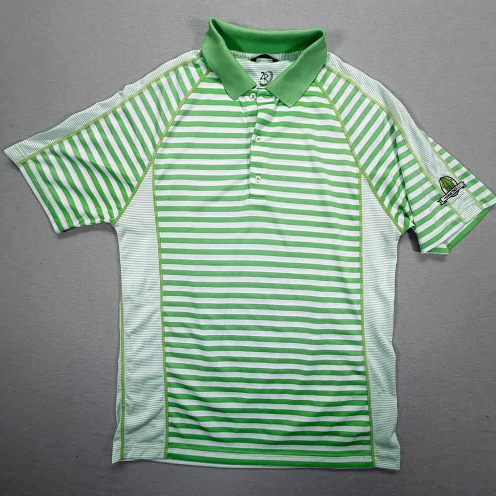 Zero Restriction Polo Shirt Mens M Green Striped Tour Series Hermitage‎ GC